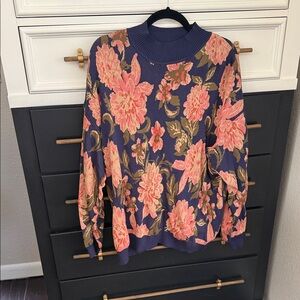 Flying Tomato Navy Floral Turtleneck Sweater with Pink Flowers